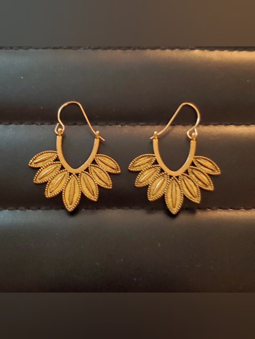 Vintage Style Brass Feather Hoop Earrings Boho Tribal Fan Statement Dangles